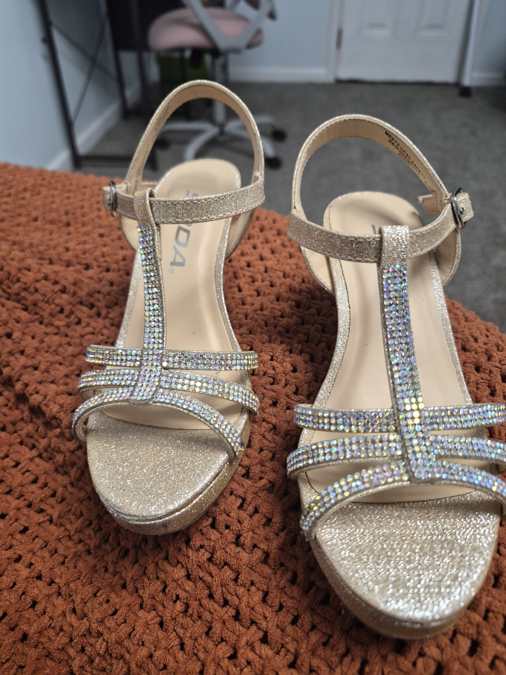 Soda Gold Glitter Rhinestone T-Strap Platform Wedge Sandals (Girls)